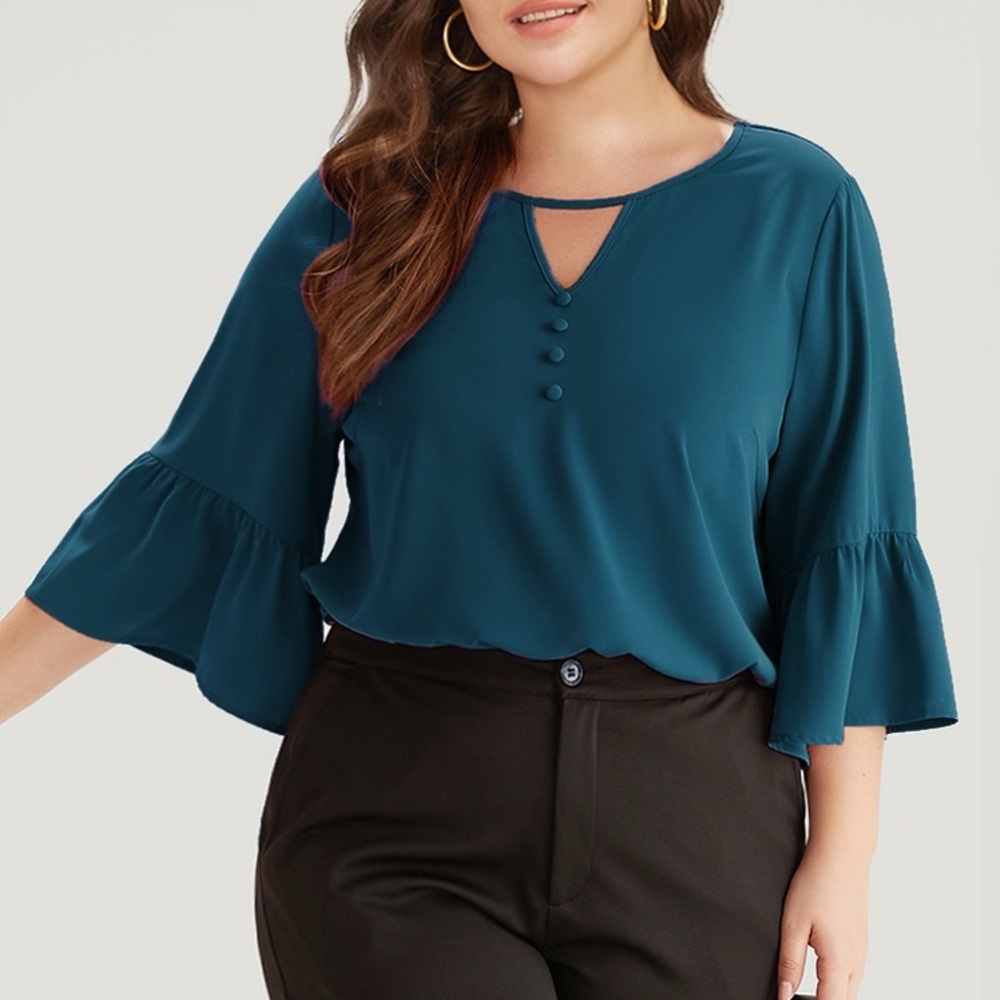 BloomChic Teal Button-Front Ruffle Sleeve Blouse Plus Size 5X